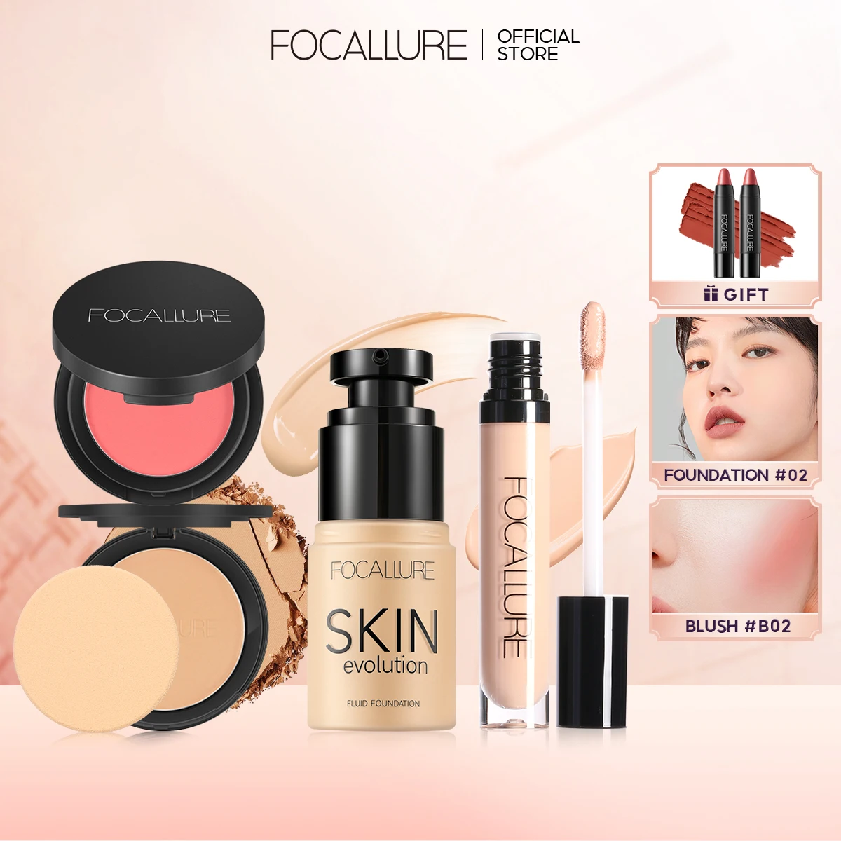 

FOCALLURE 4 Pcs Makeup Set Primer Liquid Foundation Concealer Face Blush Makeup Setting Powder Base Lipstick Pen Cosmetics Kit