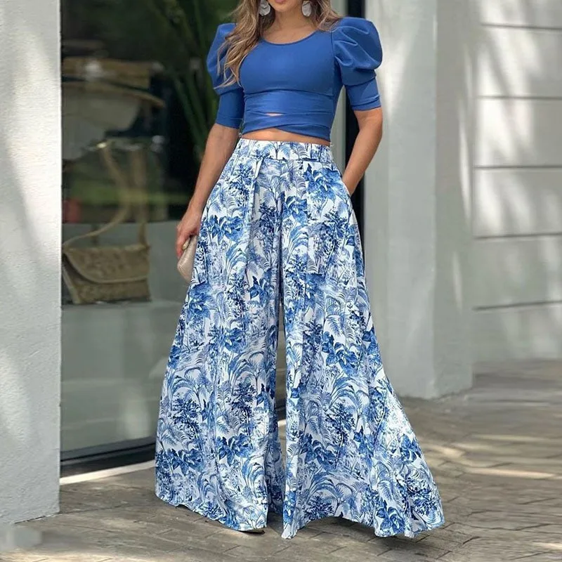 

Summer Women's Clothing Matching Sets Casual Wear Elegant Two Piece Set For Woman Polyester Puff Sleeve Loose Print Long Pants
