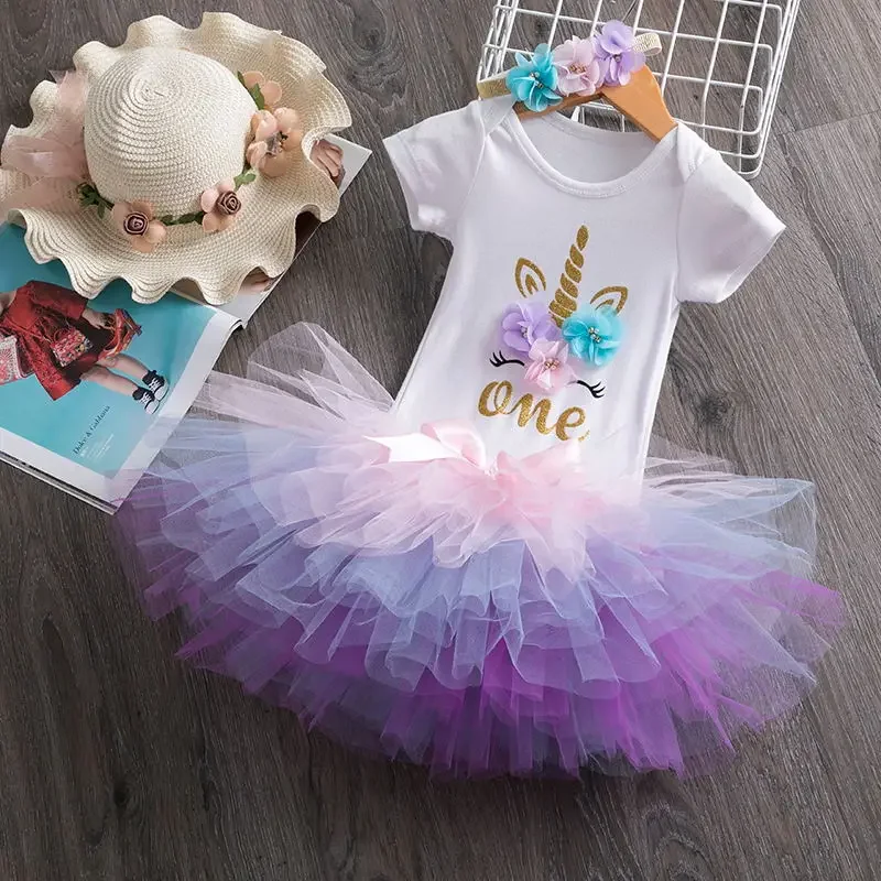 1st Birthday Unicorn Toddler Baby Girls Dress - Letter One Printing