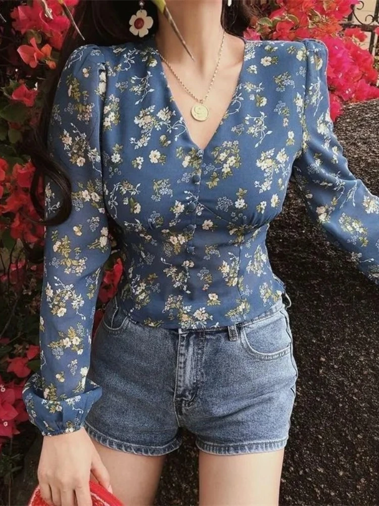 Retro Chiffon Shirt for Women 2026 New Design Niche V-neck Slim Long-sleeved Printed Top