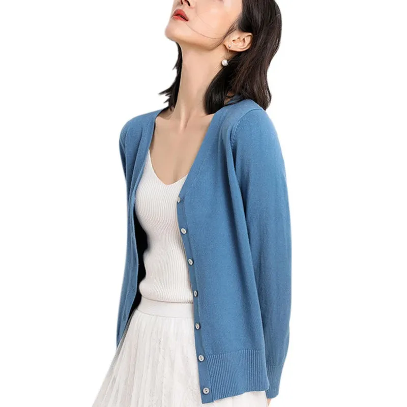 Women Button Knit Short Cardigan Long Sleeve Casual Warm Loose Sweater Solid Color