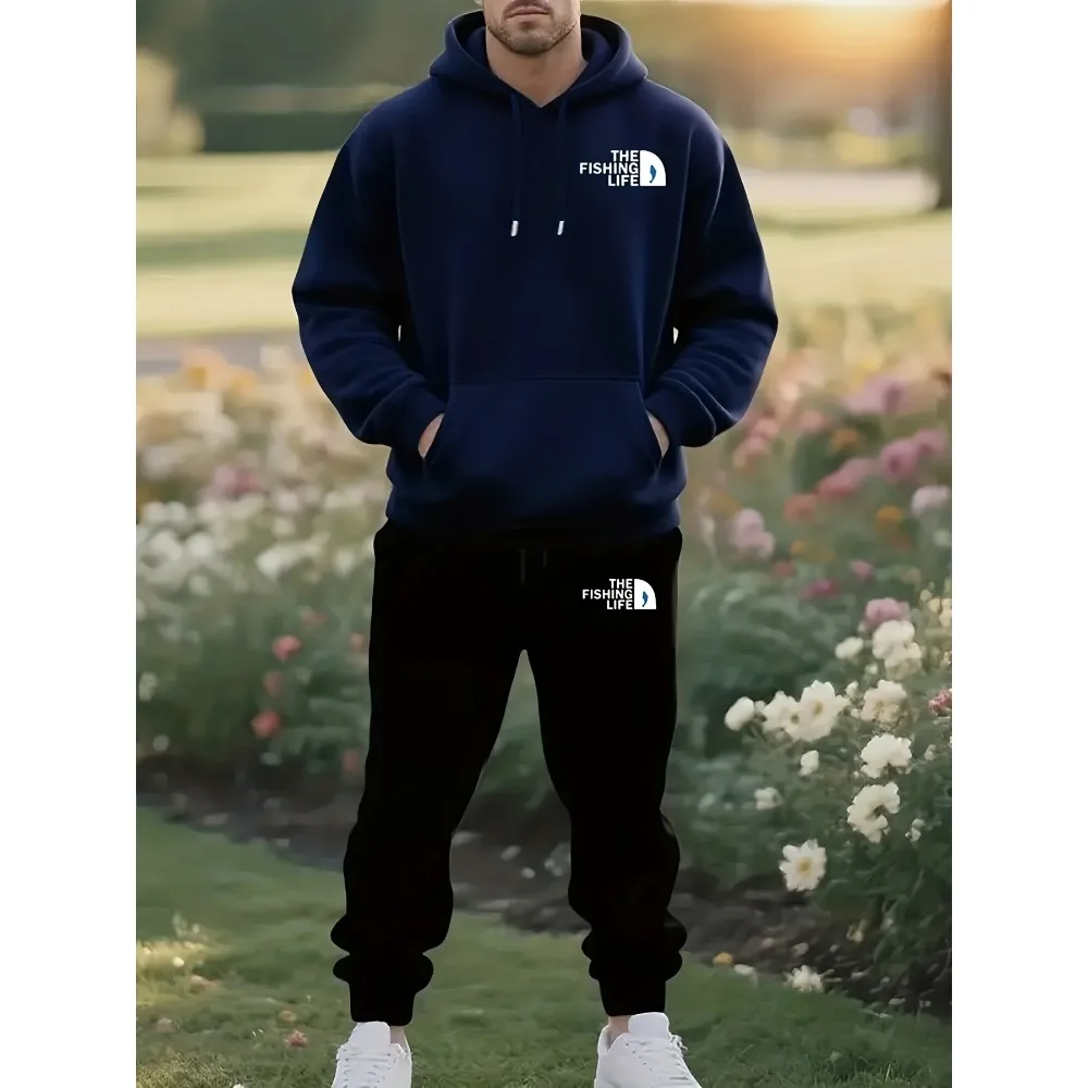 ملابس رياضية كاجوال للرجال في فصل الشتاء - سترة بقلنسوة متينة وسميكة مع مجموعة سراويل ضيقة دافئة