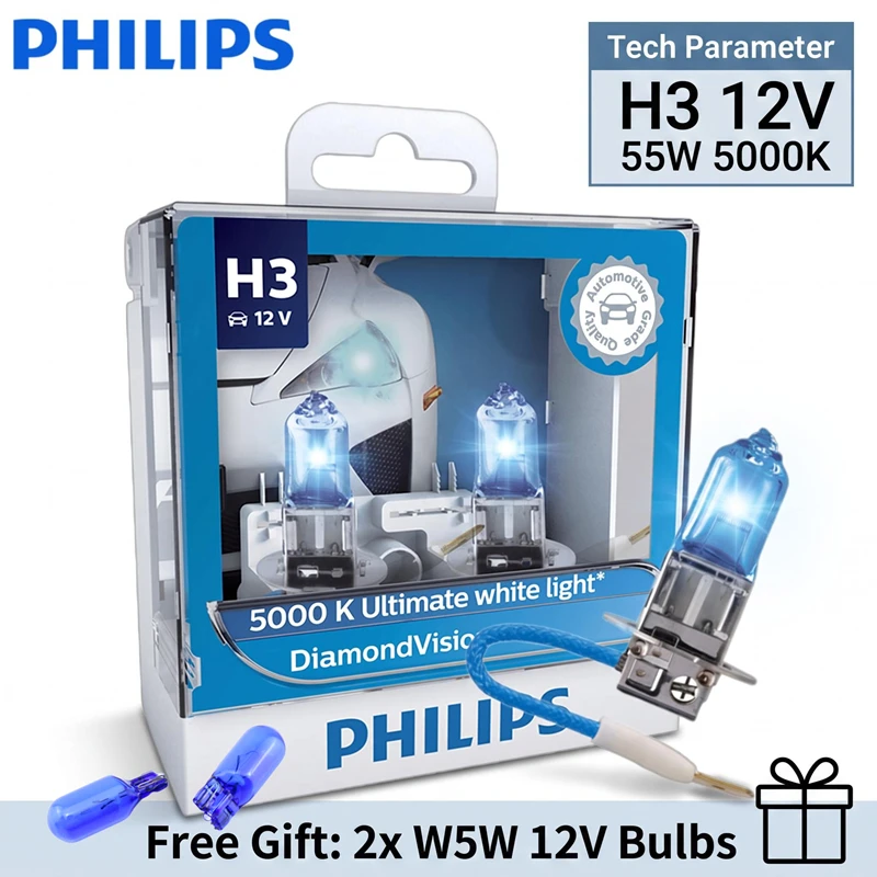 Philips Diamond Vision H3 12V 55W PK22s 12336DVS2 5000K Cool White Light Car Halogen Headlight Hi/lo Beam Auto Lamps
