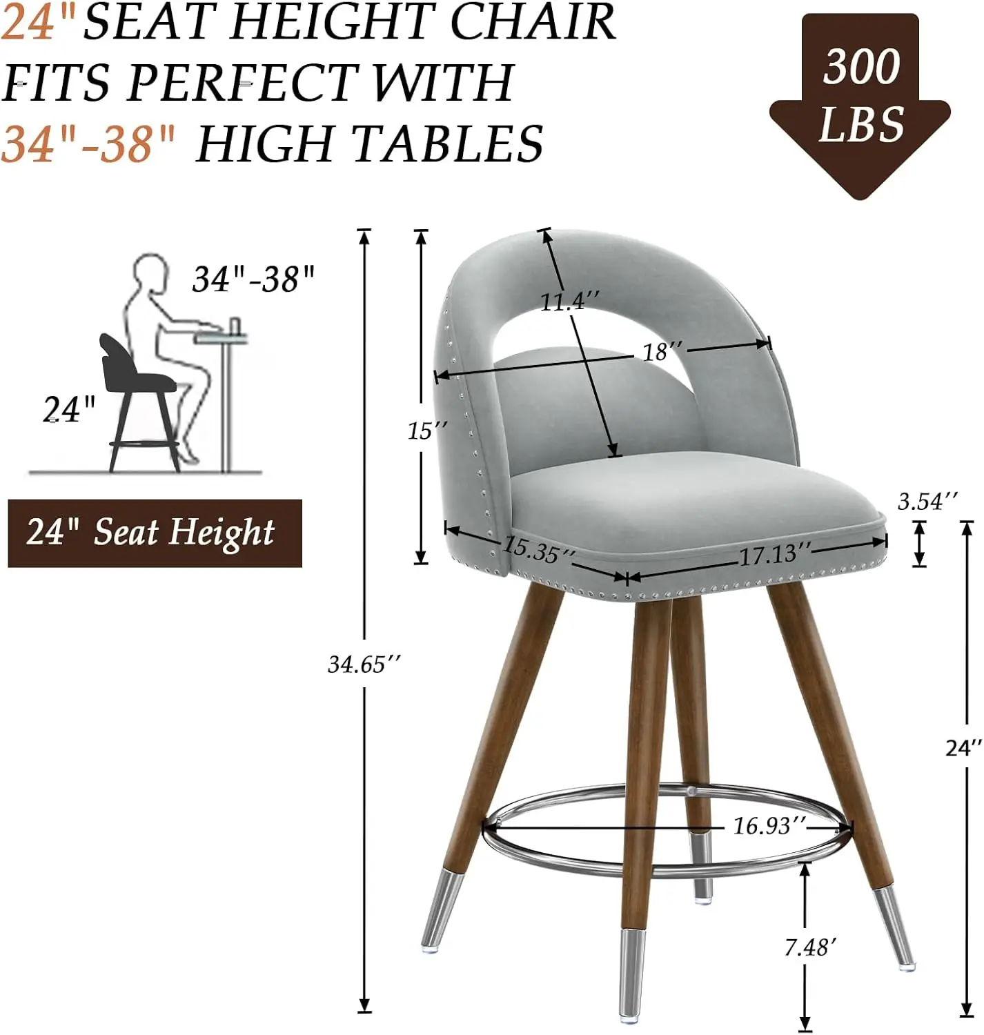 GYI Juego de 2 taburetes de bar con altura de mostrador, taburetes de bar giratorios de 24 pulgadas con respaldos y patas de madera maciza, taburetes de bar tapizados grises, terciopelo