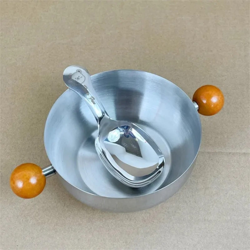 Walnut Single Person Eating Bowl With Dual Ear Handle 304 Stainless Steel Breakfast Bowl Fruit Salad Bowl Milk Cereal Bowl ZI807
