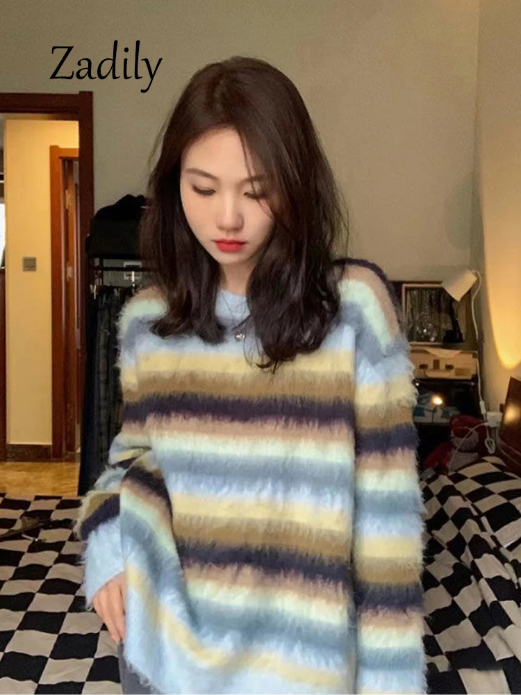 Zadily 2023 Winter Causla Long Sleeve Loose Women Striped Sweater Korea Style Mohair O Neck Knit Ladies Pullovers Warm Clothing