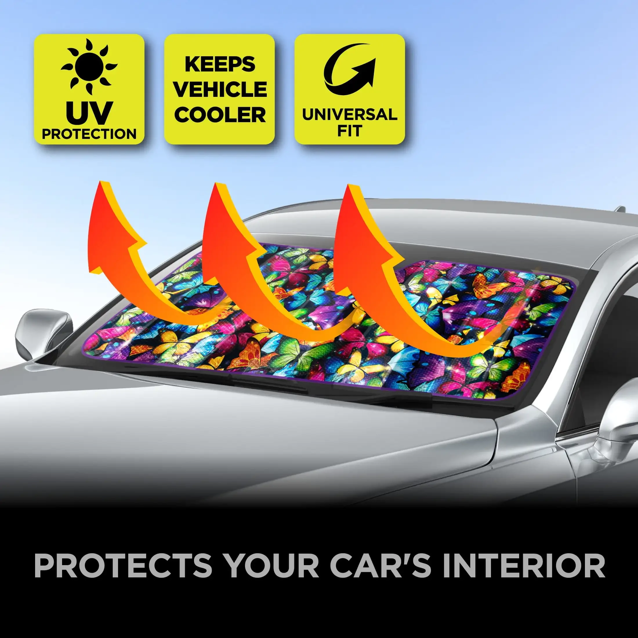 バタフライカーサンシェード 女性用 63インチx28.5インチ アコーディオンフォールド UVヒートブロッカー 花柄 フロントガラスプロテクター ガーデンテーマ