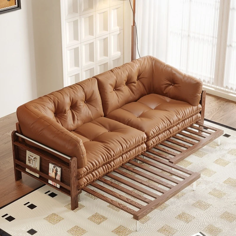 

French cloud leather sofa bed foldable dual-purpose medieval retro multi-functional solid wood leather sofa