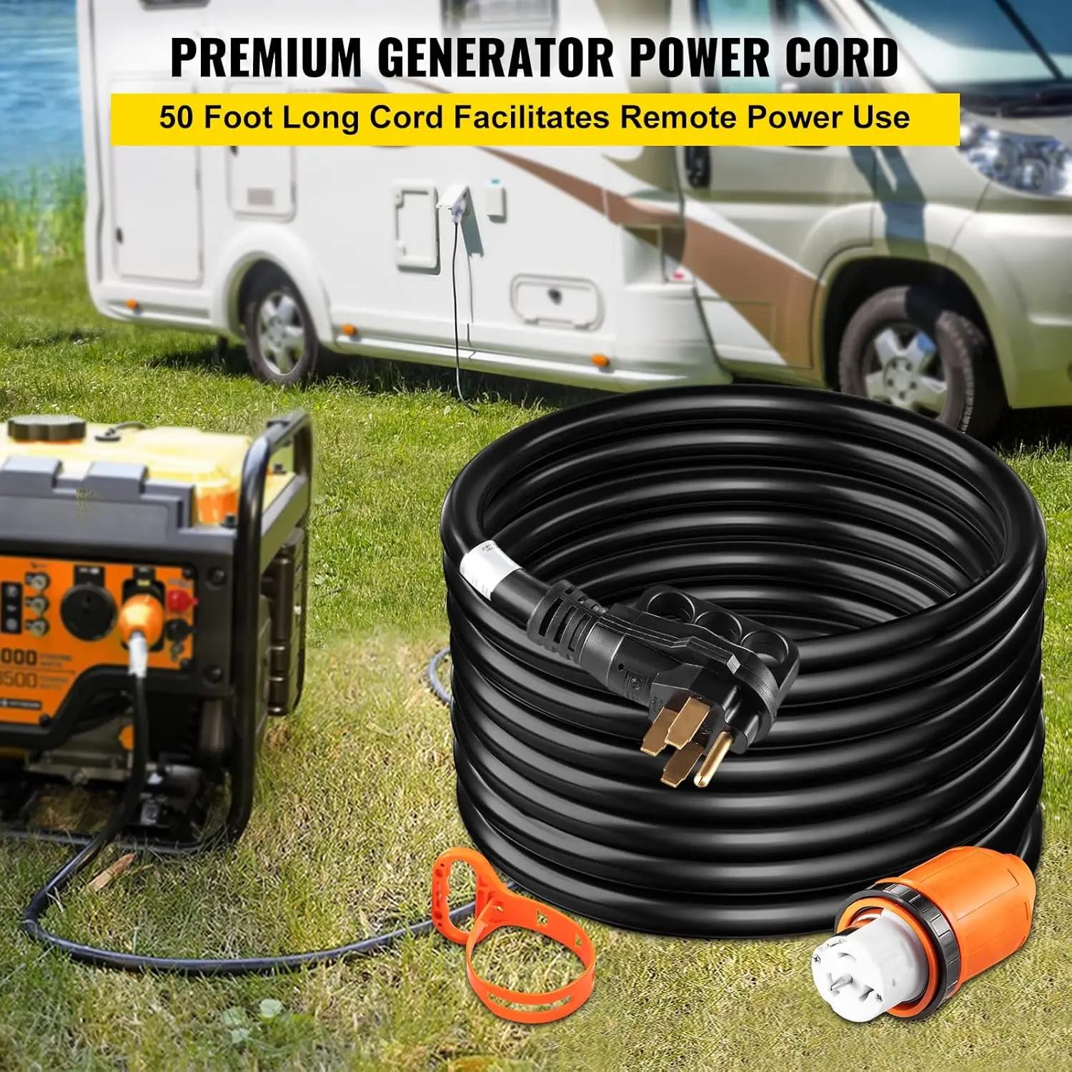 Vevor Heavy Duty Generator Cord, 50 Feet Generator Power Cord, 50Amp Etl Listed Cord, 12000 Watts Black Cable, Ss2-50R