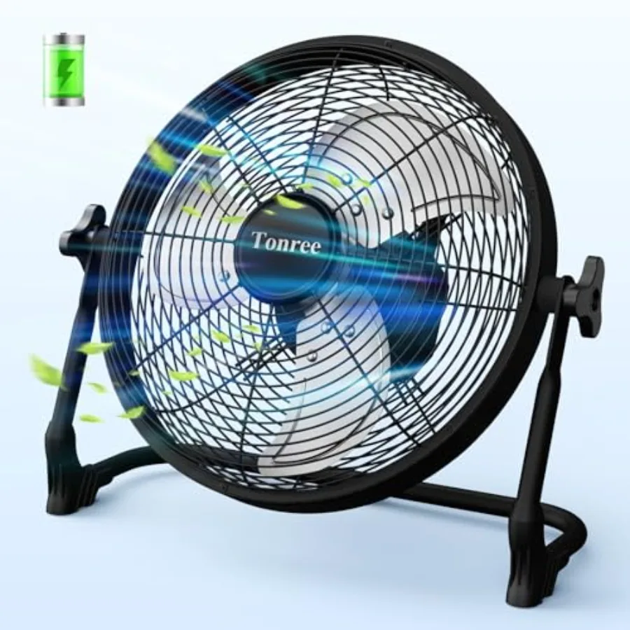

Portable battery-operated fan for camping, gym, travel, home, outdoor, garage, tent, car, barn; ABS plastic; black; 14-inch, re