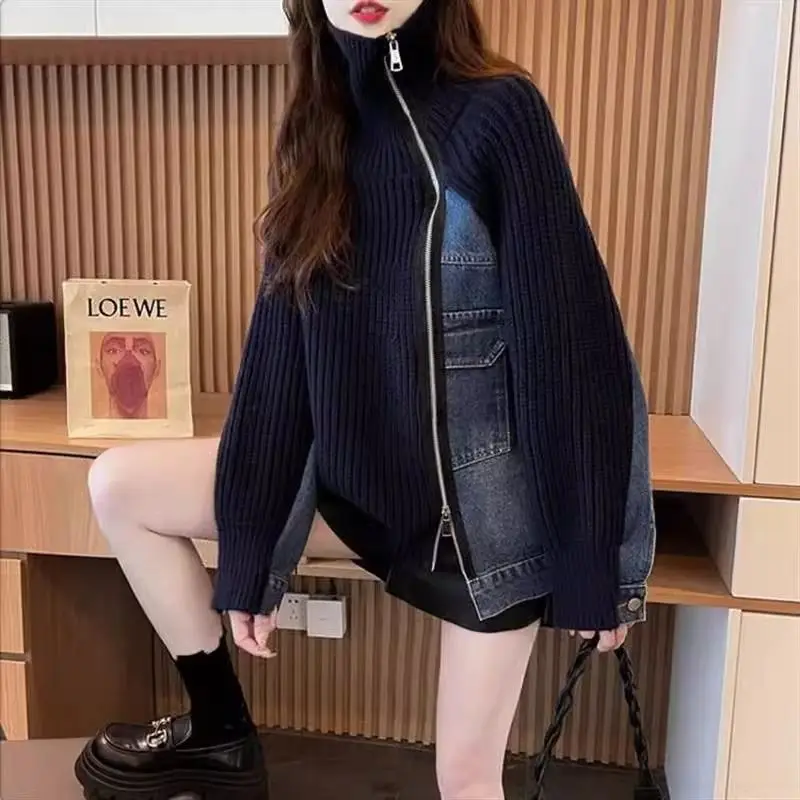 

Women's Cowboy Splicing Knitting Coats, Fashionable Zipper Jacket, Cowboy Cardigan, Keep Warm, Loose Clothes, Spring and Autumn