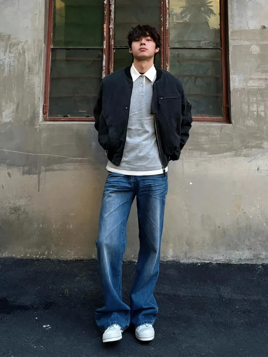 

Blue Waed Loose Wide Leg Jeans Men's Autumn Winter American High Street Vibe Knife Straight Cut Trousers