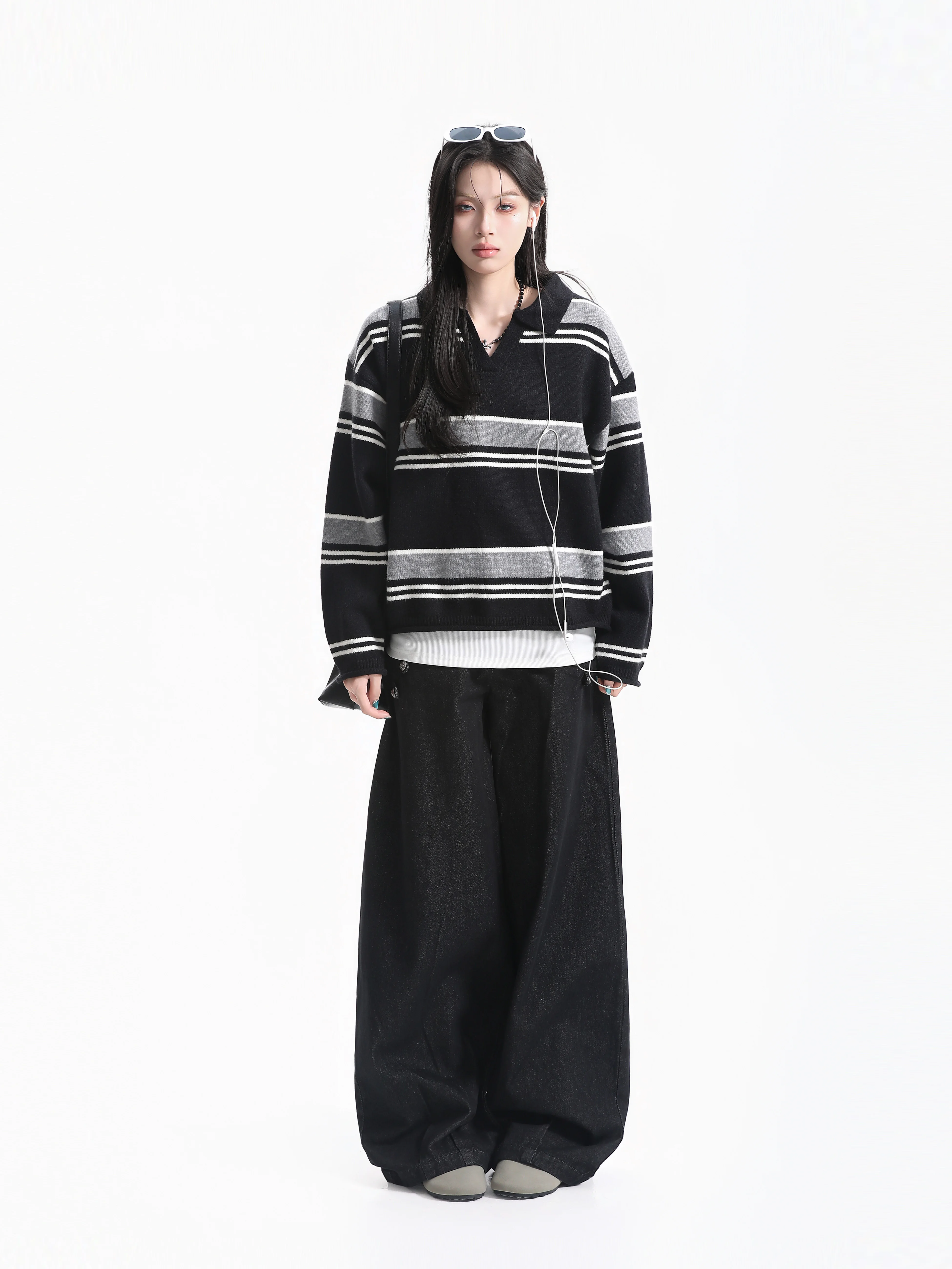 Lazy Feel Knitted Sweater Women's Half Open Collar Striped Knitwear Korean Style College Fashion Color Block Vintage Loose Fit