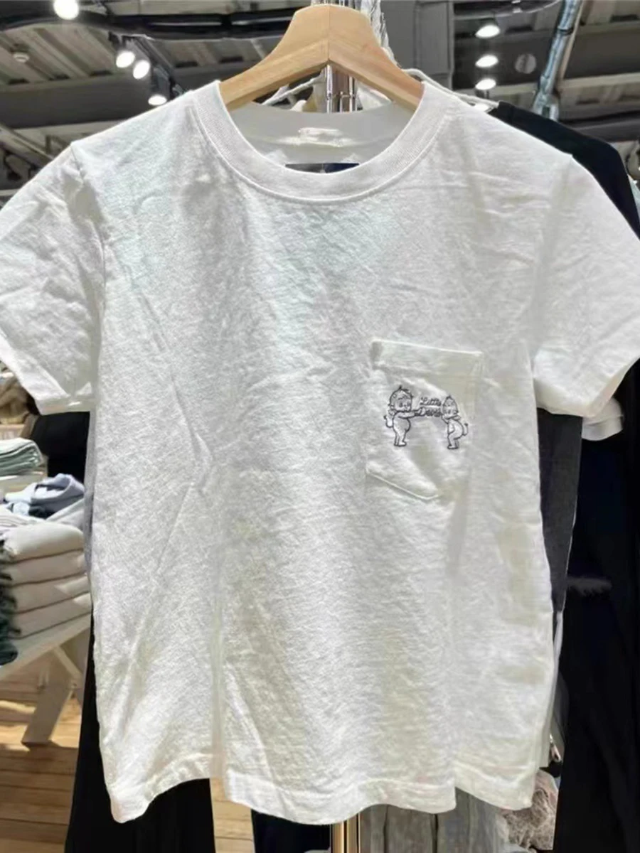 Tasca Piccolo Diavolo Ricamo T-shirt Donna Estate O Collo In Cotone Manica Corta Tee Magliette Vintage Streetwear Casual Dolce Y2k Magliette