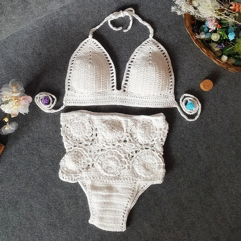 Nuevo conjunto de Bikini tejido para vacaciones 2025, Bikinis con cuello Halter de cintura alta para mujer, traje de baño para mujer, traje de baño Bandage para mujer, Bikini