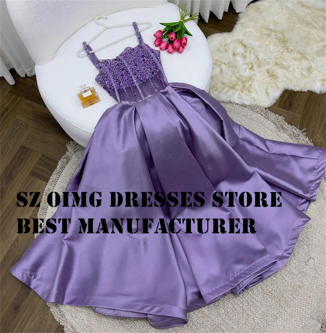 OIMG Elegant Spaghetti Straps Prom Dresses Sleeveless Purple Beading Backless Satin Women Evening Gowns Formal Party Dress