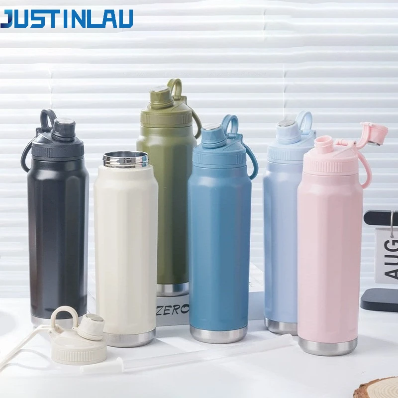 JUSTINLAU – bouteilles Thermos de 800ML, pichet de sport glacé et isolé thermiquement en acier inoxydable 304 avec poignée, flacons sous vide pour escalade et cyclisme