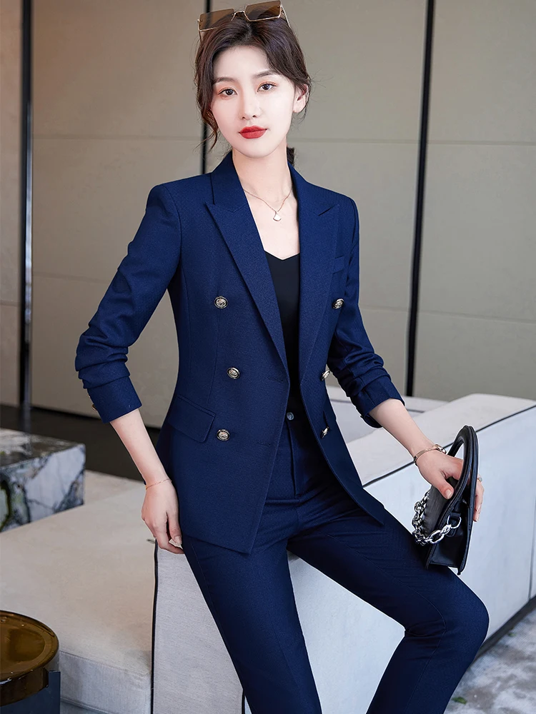 High Quality Women Navy Blue Black Pant Suit Female Button Decoration Blazer and Trouser 2 Piece Set For Office Ladies Work Wear