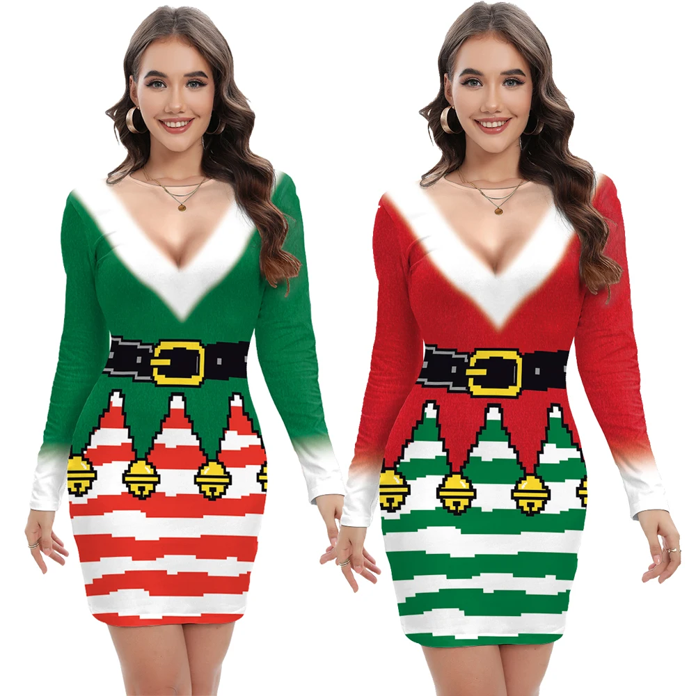 [You\'re My Secret] Women\'s Christmas Dresses Long Sleeve Cartoon Cute Print Women Dress Long Sleeve Xmas Party Bodycon Dresses