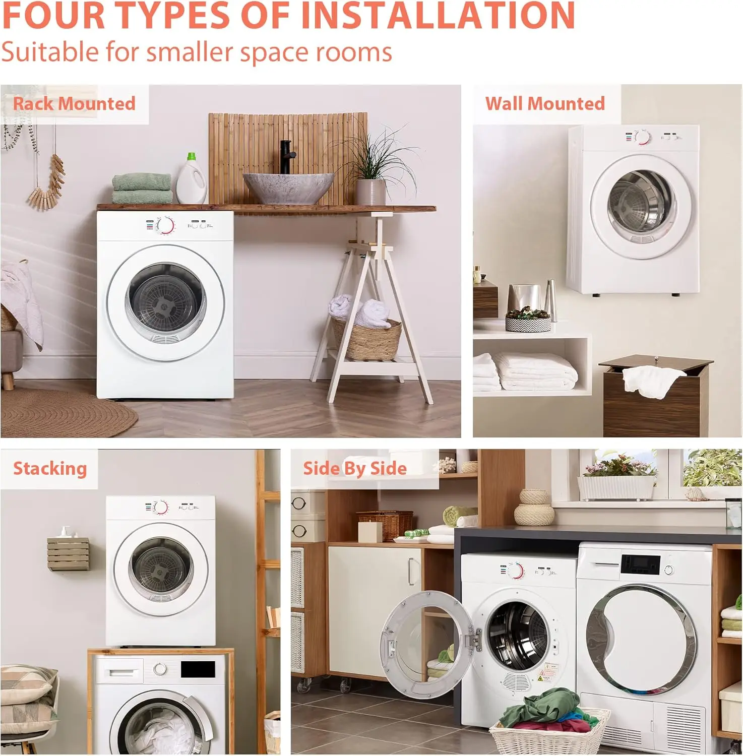 Portable Clothes Dryers with Exhaust Duct with Stainless Steel Liner Four Function Small Dryer Machine, Suitable for Apartments,