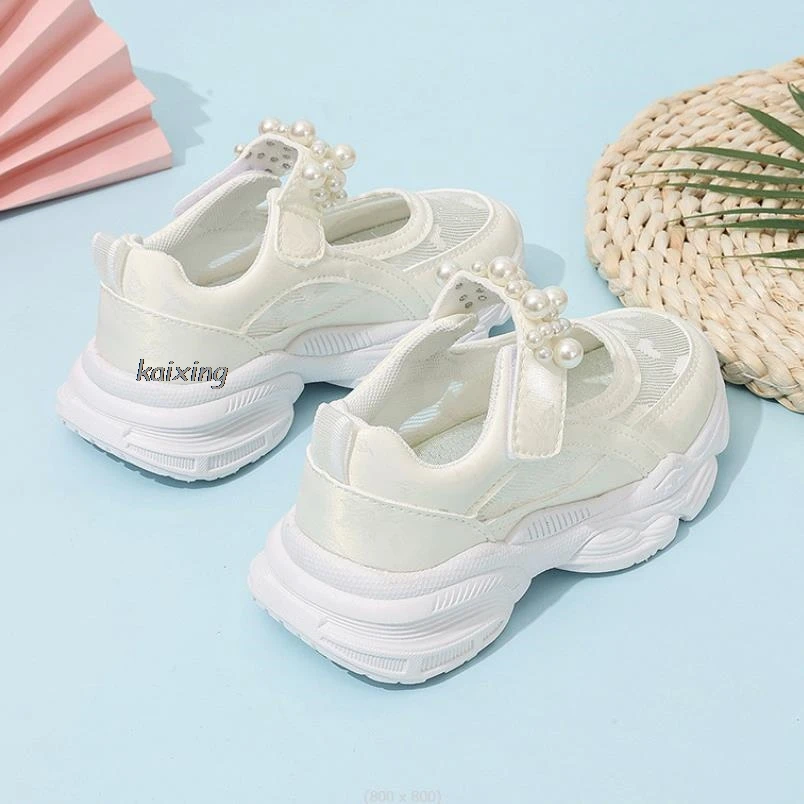 Summer Love Kids Sneakers Fashion White Mesh Sports Shoes For Girls Hollow Out Soft Breathable Beads Children Running Shoes