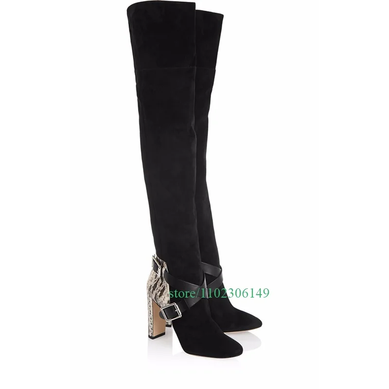 

Lady Lace-up Suede Snake Print Design Boots Metal Chunky Heel Over the Knee Boots Party Office Lady Dress Fall Shoes Size 34-46