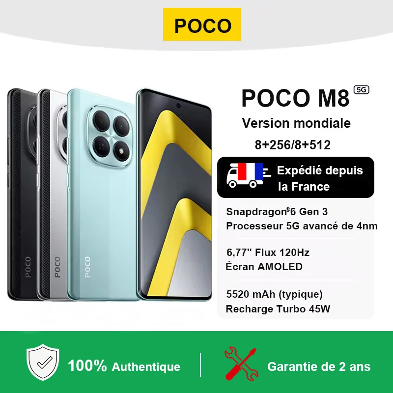 Smartphone POCO M8 5G Version Globale Snapdragon ®   Écran AMOLED Flow 6,77 pouces 120 Hz de 6e génération, batterie 5520 mAh, système de double caméra IA 50 MP