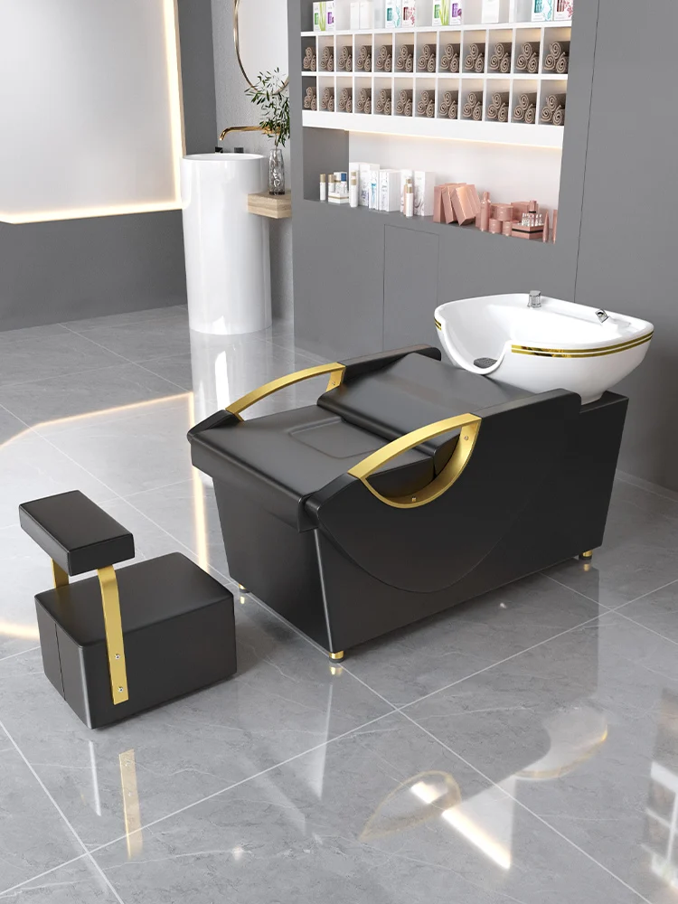 Lavabo de cerámica de acero inoxidable dorado de alta gama para cama de champú semitumbado en peluquería y peluquería