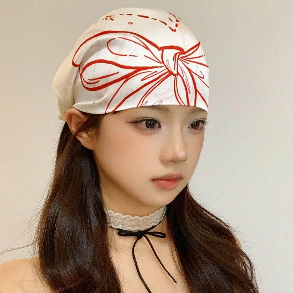 Retro Sweet Y2k Print Turban All-match Chest Scarf Printed Headscarf Neckchief Bow Small Square Scarf Music Festival