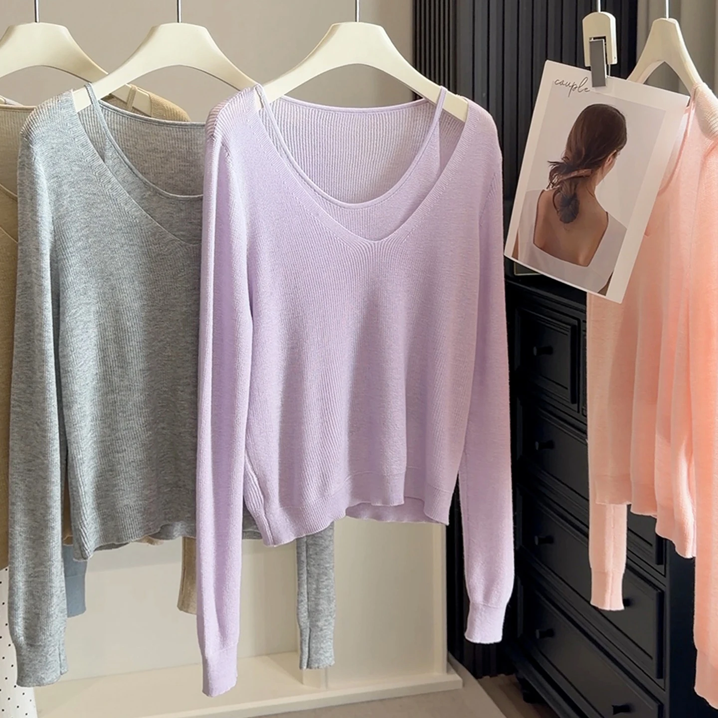 

Fake Two Piece Knitted Pullover Sweater for Women 2026 Spring Summer Korean New Long Sleeve Thin Soft Knitting Base Sweater