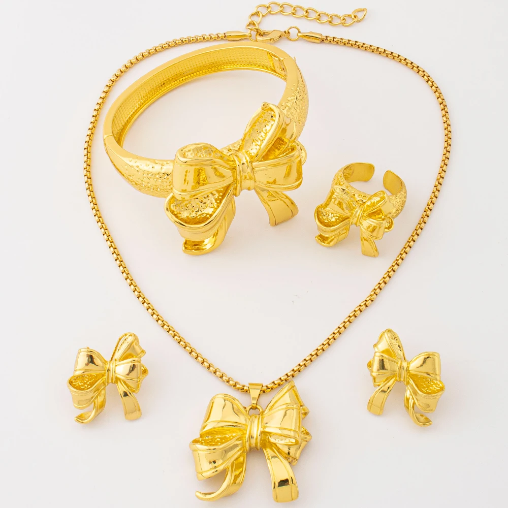 18k vergoldetes Schmetterlingsknoten-Schmuckset (4-teilig) mit Halsketten, Ohrringen, Armbändern und Ringen, Dubai Brautschmuck, Hochzeitsaccessoires, Geschenk – Detail 3