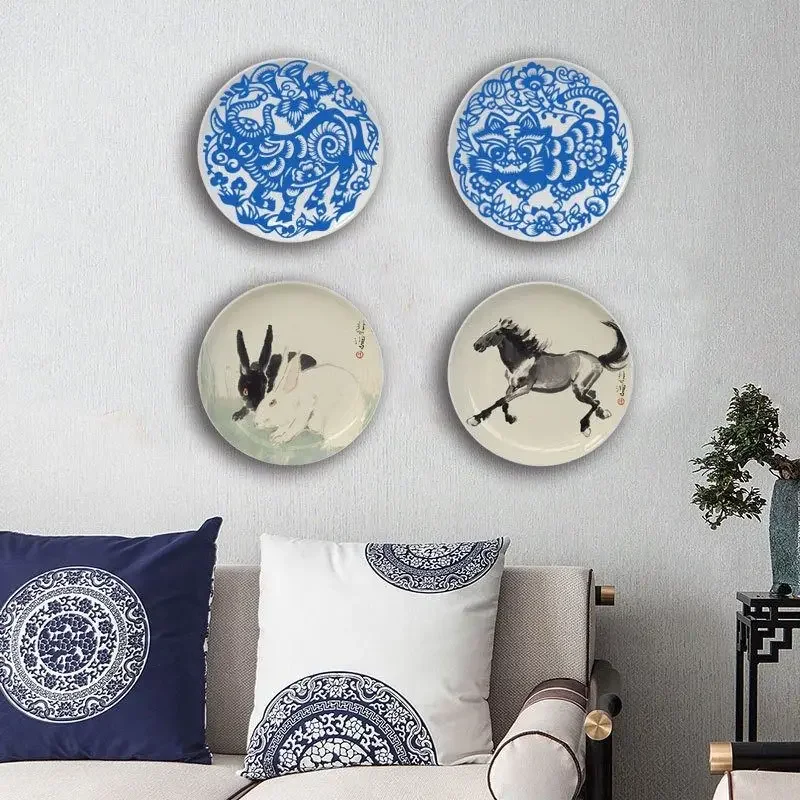 Retro blue and white Porcelain plate,wall mounted board with animal prints,Living Room Bedroom Wall artistic Ornament home decor