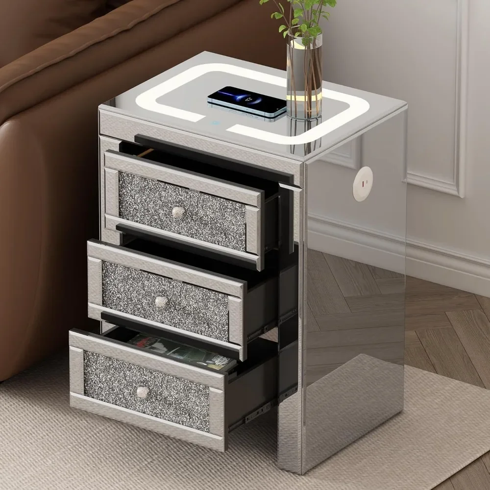 Nightstand, LED Lights and Wireless & USB Charging with Crystal Inlays, Mirror Finish and 3 Drawers, Silver Nightstand