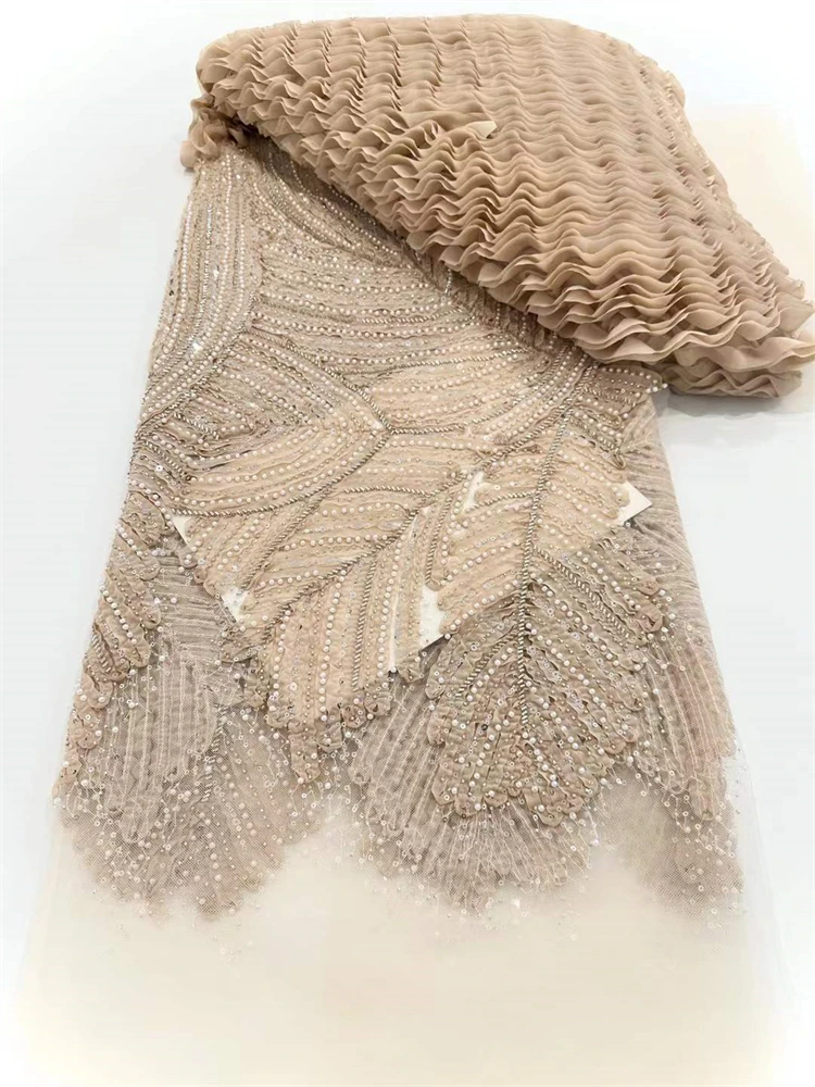 

French Mesh Lace Beads Fabric Luxury Nigerian Net Lace with Sequins Wedding Dresses For Women High Quality 5yards