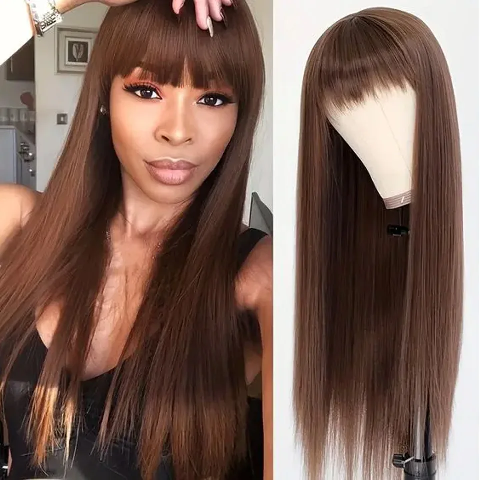 Chocolate Brown Bangs Wigs Human Hair Wig With Bangs Easy to Go Color Wig #4 Natural Brown Straight Human Hair Wigs with Bangs