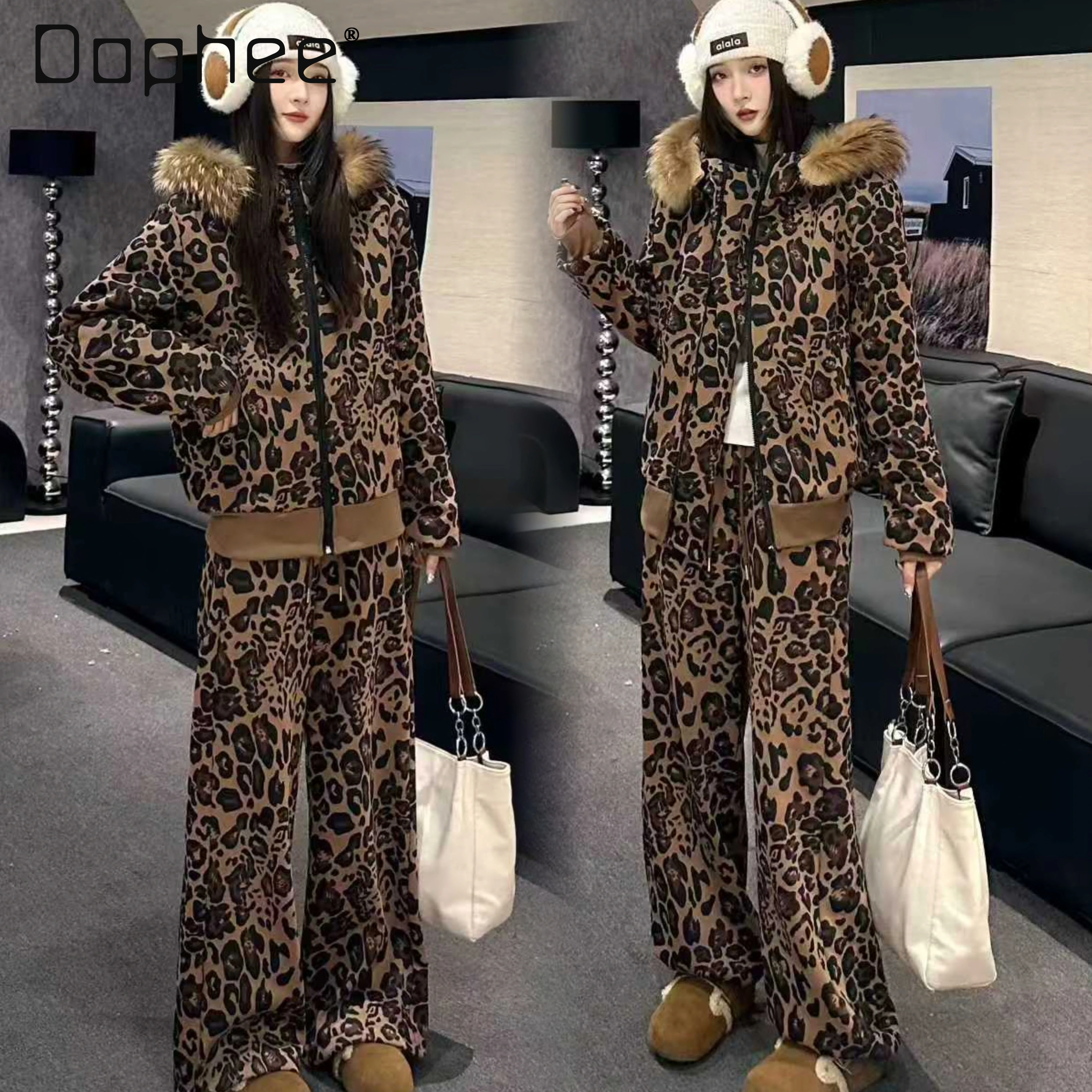 

Leopard Print Casual Suit for Women Autumn Winter Thickened Hooded Cotton Jacket with Fleece Lined Wide-Leg Pants Two-Piece Set