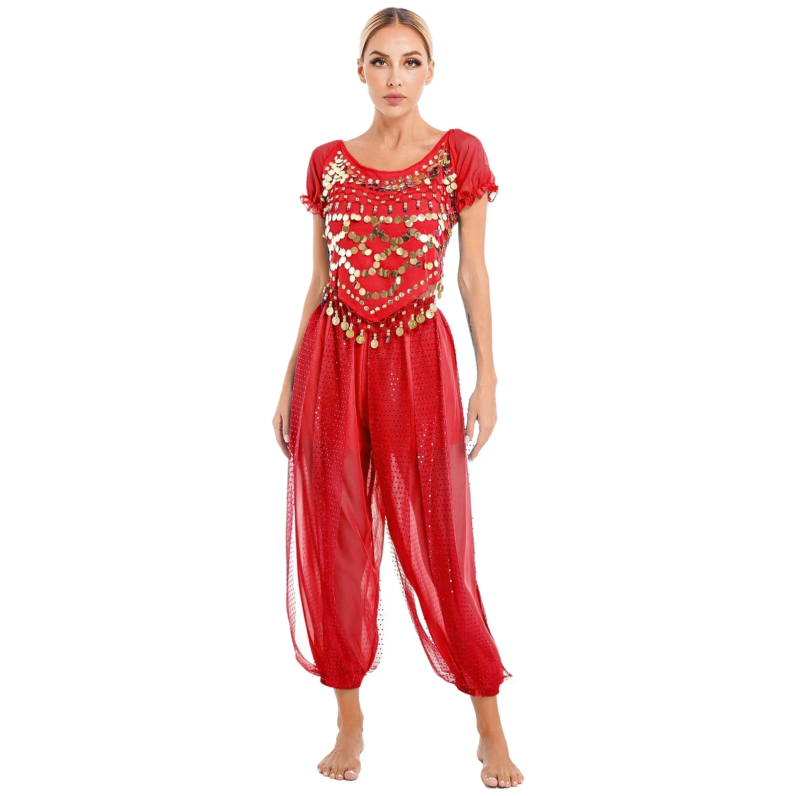 Womens Belly Dance Costume Sparkly Bollywood Indian Cosplay Outfits Sequin Puff Sleeve Crop Top with Harem Pants for Performance