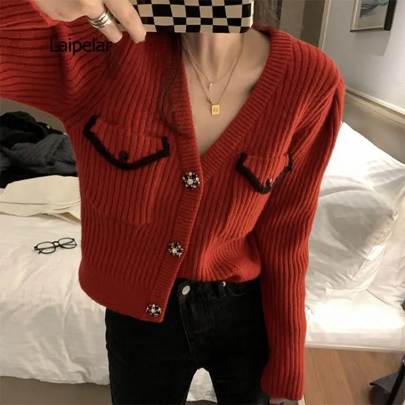 Women's Cardigan Korean Fashion Retro Rhinestone Button V-neck Sweater Women's Winter Jacket XL Long Sleeve Sweater Top