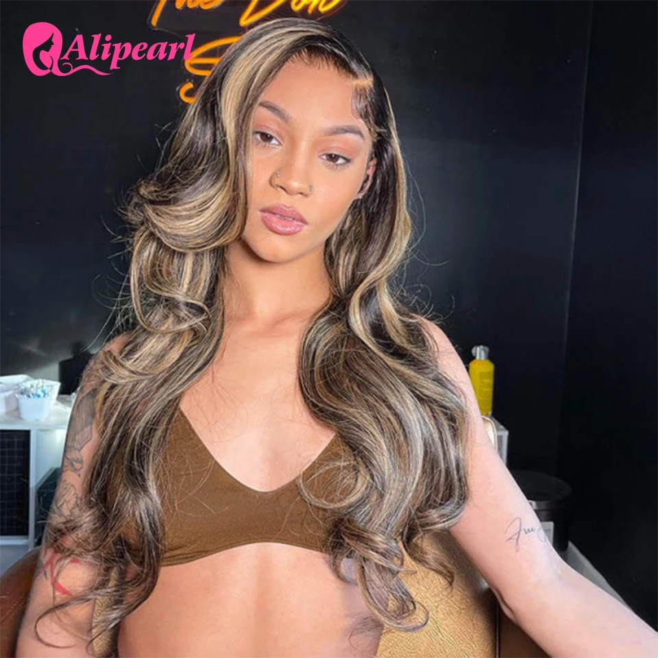 AliPearl-Peluca de cabello humano ondulado con encaje frontal, pelo negro con reflejos rubio miel 13x4, 5x5, predesplumada, 180 de densidad