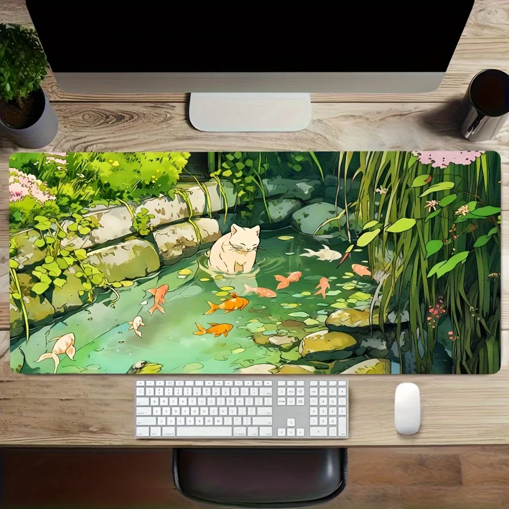 Cute cat playing with mouse pad in fish pond pattern, natural rubber