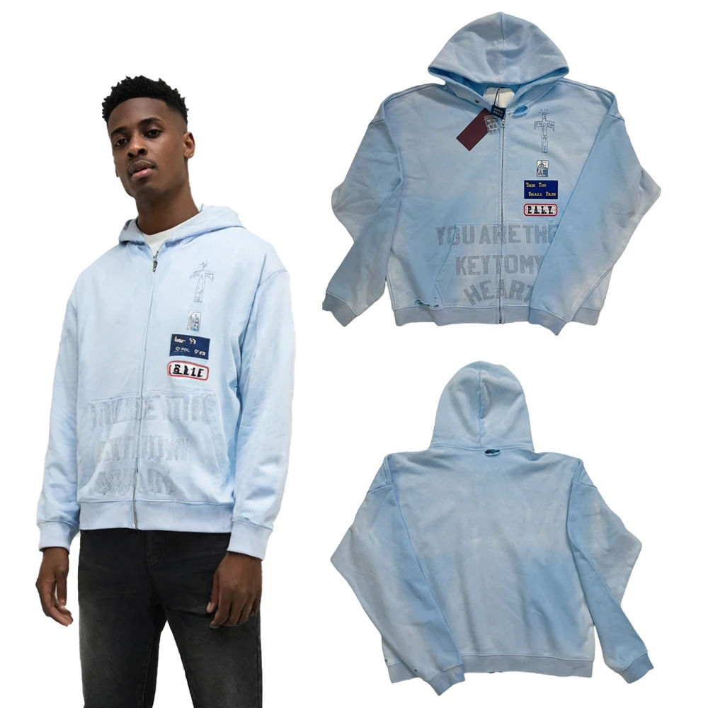 

Winter Distressed Ripped Rhinestone Graphic Zipper Hoodies Streetwear Hip Hop Casual Street Style Retro Heavy Cotton Sweatshirts