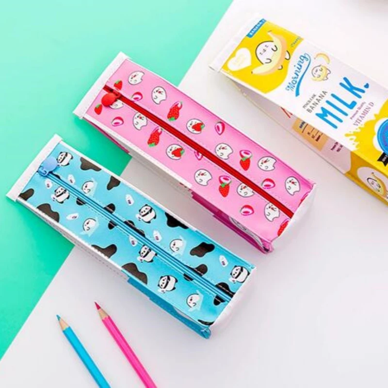 Cartoon Morning Milk PU Leather Pencil Case Stationery Storage Organizer Pencil Bag School Office Supply Escolar image 2