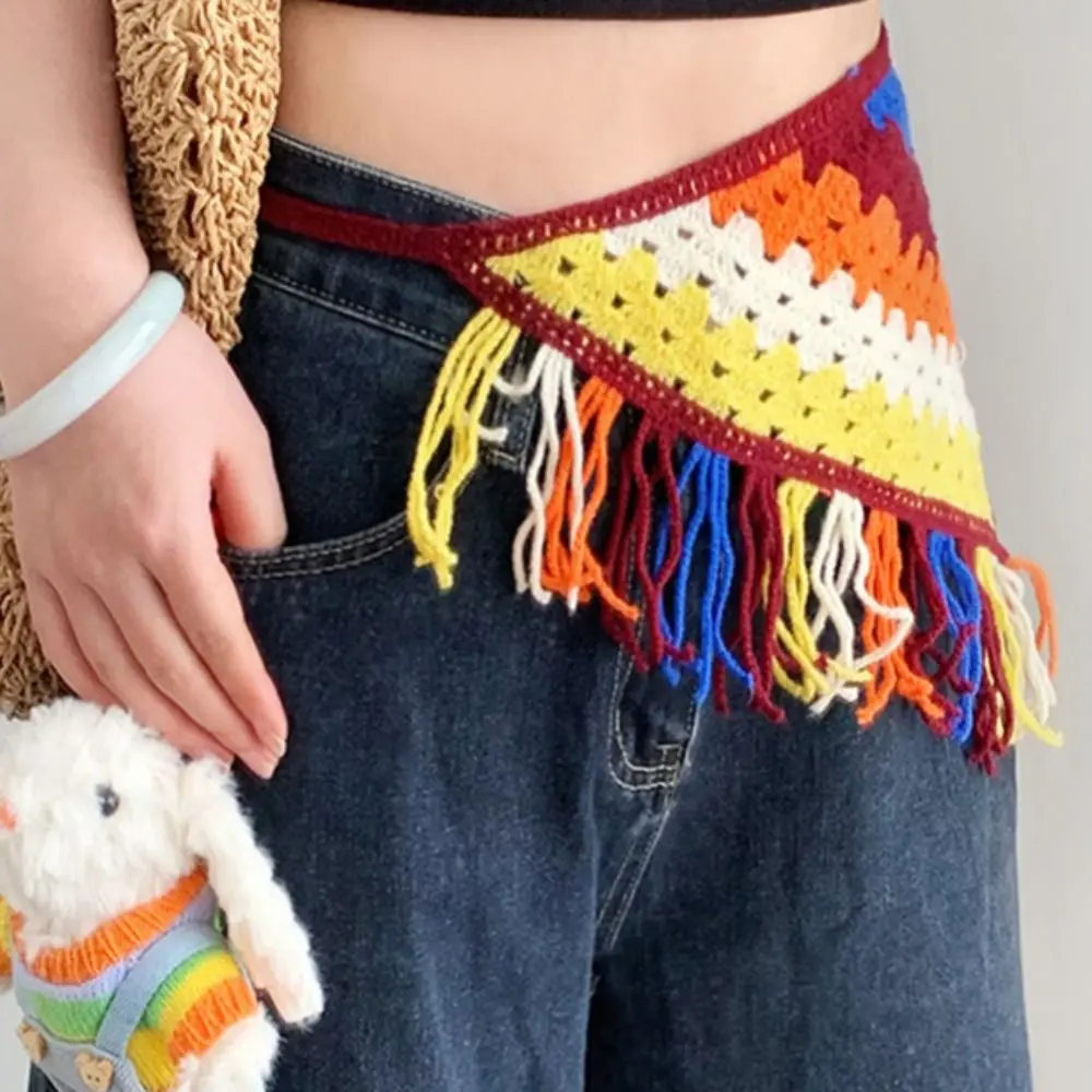 ผ้าพันคอไหมพรมทรงสามเหลี่ยมแบบโบฮีเมียน ผ้าคลุมศีรษะ ผ้าคาดเอว ผ้าพันคอหลากสีสัน สไตล์ชาติพันธุ์ ผ้าคาดเอวสำหรับสตรีทแวร์