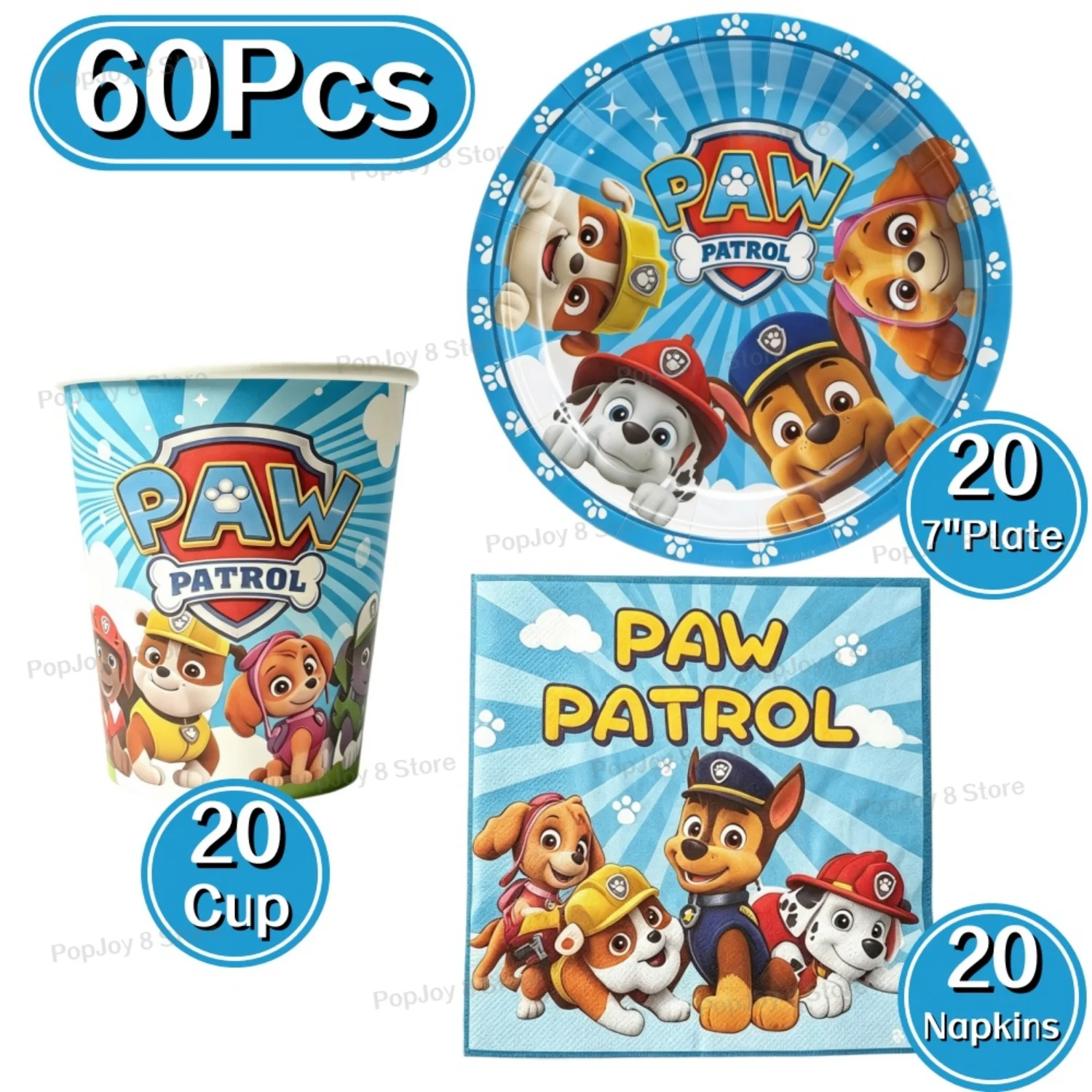 Set de vajilla desechable de Paw Patrol, 60 piezas, para fiestas de cumpleaños infantiles, platos de papel, vasos, servilletas, decoraciones para baby showers.