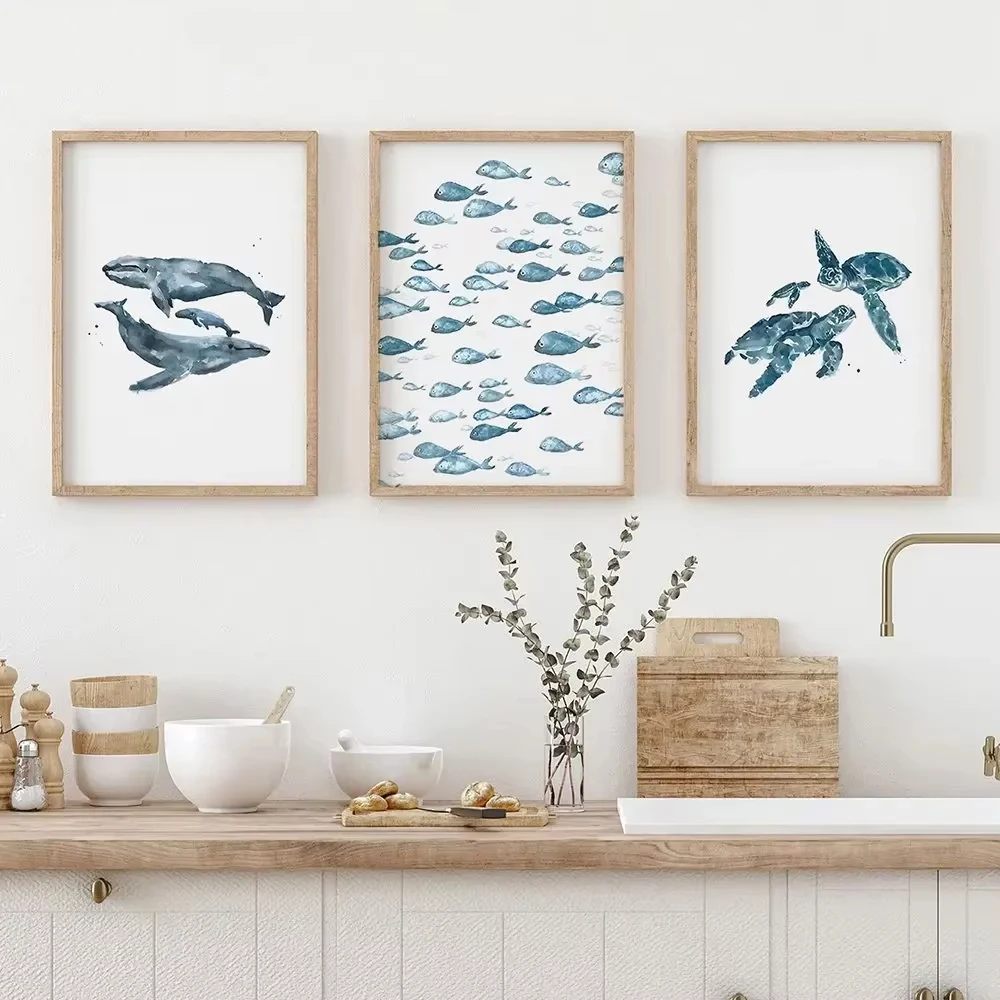 Impresiones artísticas de pared de animales marinos, delfín azul, tortuga marina, pez, pintura, póster, dormitorio, oficina, sala de estar, imágenes en lienzo sin marco