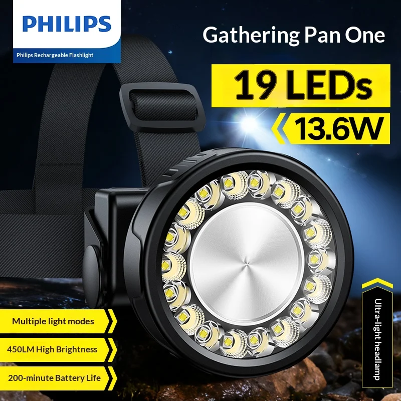 Philips LED Headlight 19 Lamp Beads Lighting Headlight 450LM Type-C Rechargeable Headlight Outdoor Camping Fishing Lantern