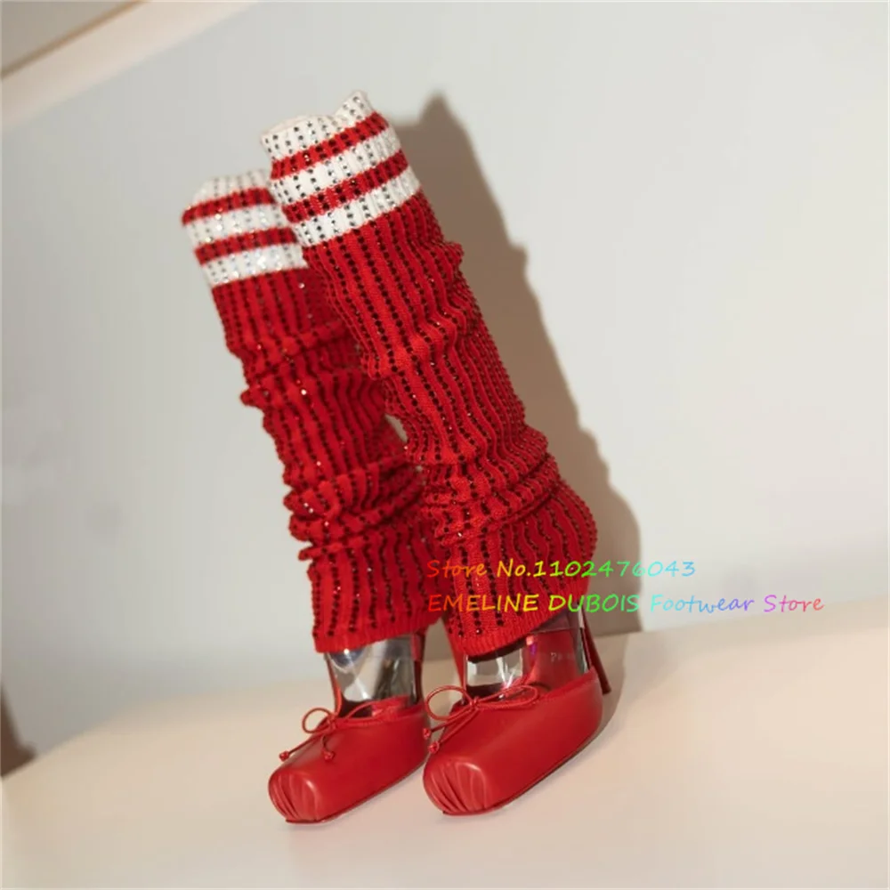 

Красные балетки на высоком каблуке из бриллиантовой пряжи, женские пикантные новые эластичные чулки с бантом, роскошные сандалии на шпильке, ботинки