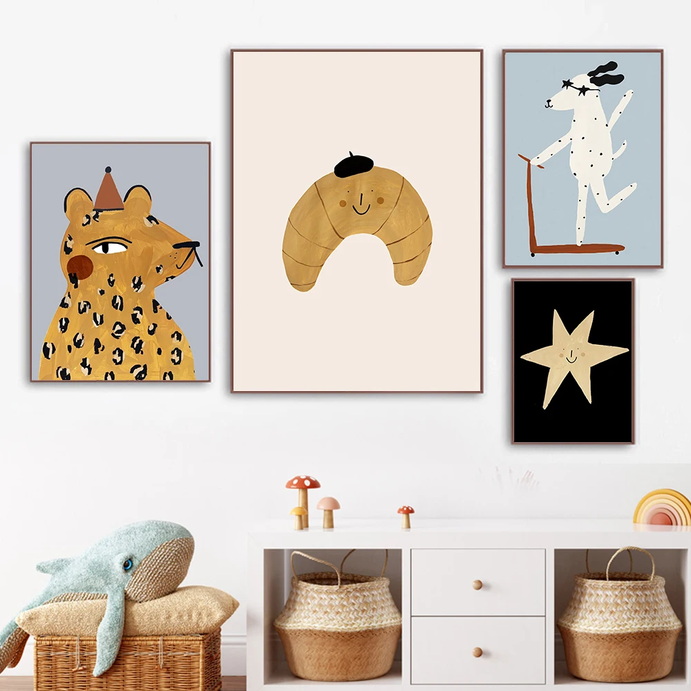 Cartoon Leopard Panda Pig Croissant Roll Dog Wall Art Canvas Painting Nordic Poster And Print Wall Pictures Baby Kids Room Decor