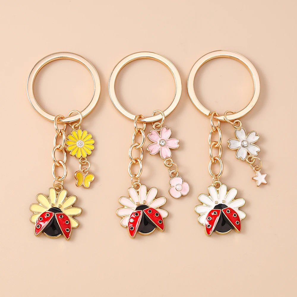 Bonito esmalte inseto joaninha chaveiro flor chaveiro pingentes para mulheres meninas bolsa decoração diy artesanal chaveiro jóias presentes