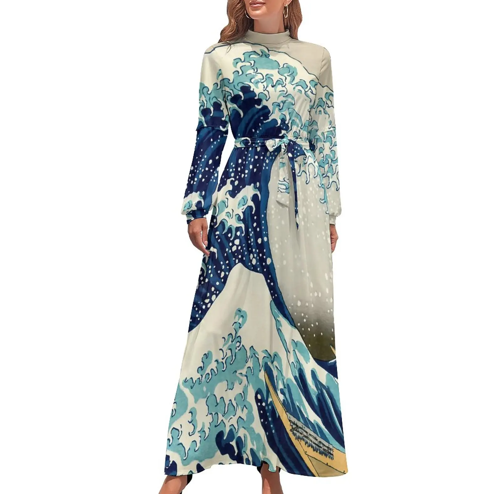 The Great Wave Dress High Waist Kanagawa Custom Bohemia Dresses Long Sleeve Aesthetic Long Maxi Dress Elegant Clothes